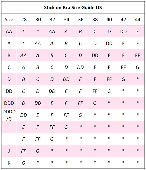 US Stick on bra size guide